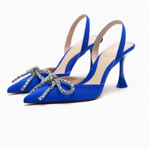 Zara Blue EMBELLISHED BOW HEELED SLINGBACKS - Picture 1 of 15